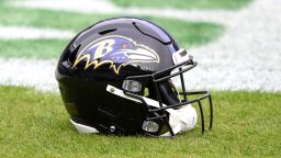 A Baltimore Ravens helmet is seen on the field prior to an NFL football game against the Tennessee Titans, Sunday, Nov. 22, 2020, in Baltimore. (AP Photo/Nick Wass)