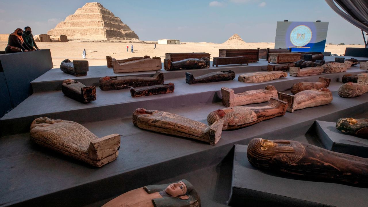 <strong>Giza, Egypt:</strong> Newly discovered ancient sarcophagi are displayed after being discovered in the vast Saqqara necropolis.  