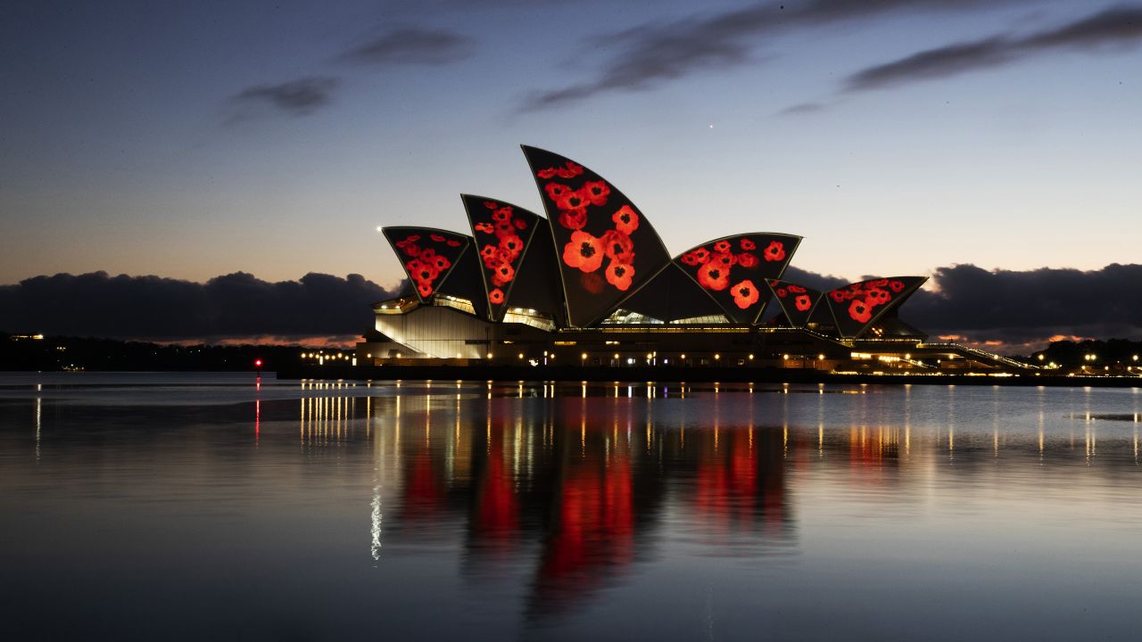 <strong>Sydney, Australia:</strong> Poppies are projected onto the sails of Sydney Opera House as part of events to commemorate Remembrance Day on November 11. <br />