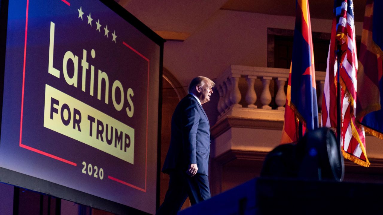 In this September 14, 2020, file photo, President Donald Trump arrives for a Latinos for Trump Coalition roundtable at Arizona Grand Resort & Spa in Phoenix. 