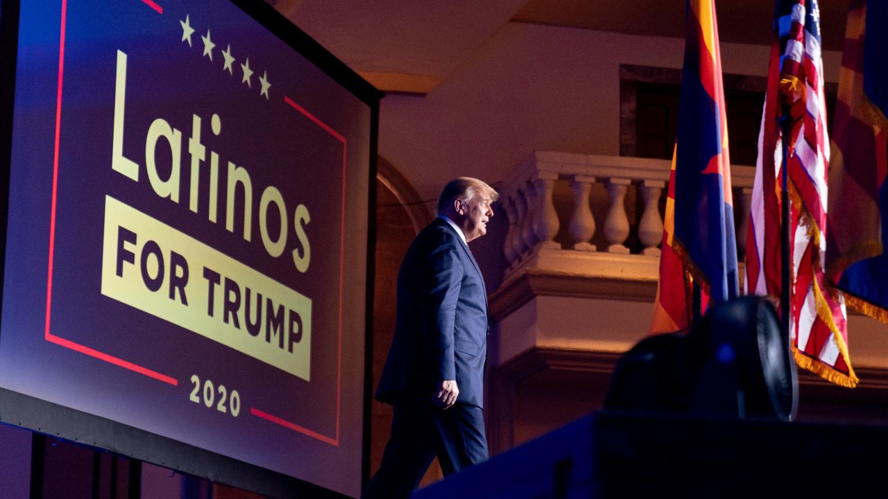In this September 14, 2020, file photo, President Donald Trump arrives for a Latinos for Trump Coalition roundtable at Arizona Grand Resort & Spa in Phoenix.