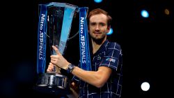 LONDON, ENGLAND - NOVEMBER 22:  Daniil Medvedev of Russia lifts the trophy after winning his singles final match against Dominic Thiem of Austria during day eight of the Nitto ATP World Tour Finals at The O2 Arena on November 22, 2020 in London, England. (Photo by Clive Brunskill/Getty Images)
