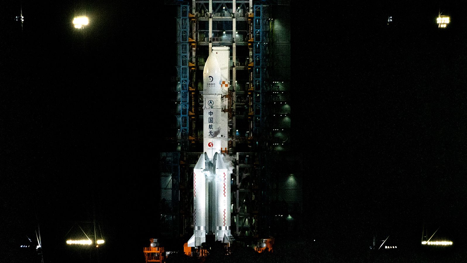 The Long March 5 rocket carrying Chang'e 5 is seen on the launch pad at the Wenchang Space Launch Site on Hainan. 