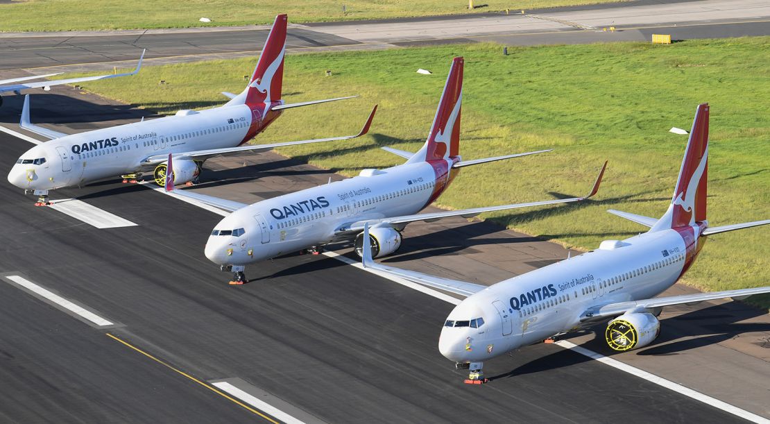 Qantas 737-800 aircraft parked on the runway at Sydney Airport on May 20, 2020 in Sydney, Australia.