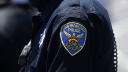 A San Francisco Police Department patch is shown on an officer's uniform in San Francisco, Tuesday, July 7, 2020. (AP Photo/Jeff Chiu)