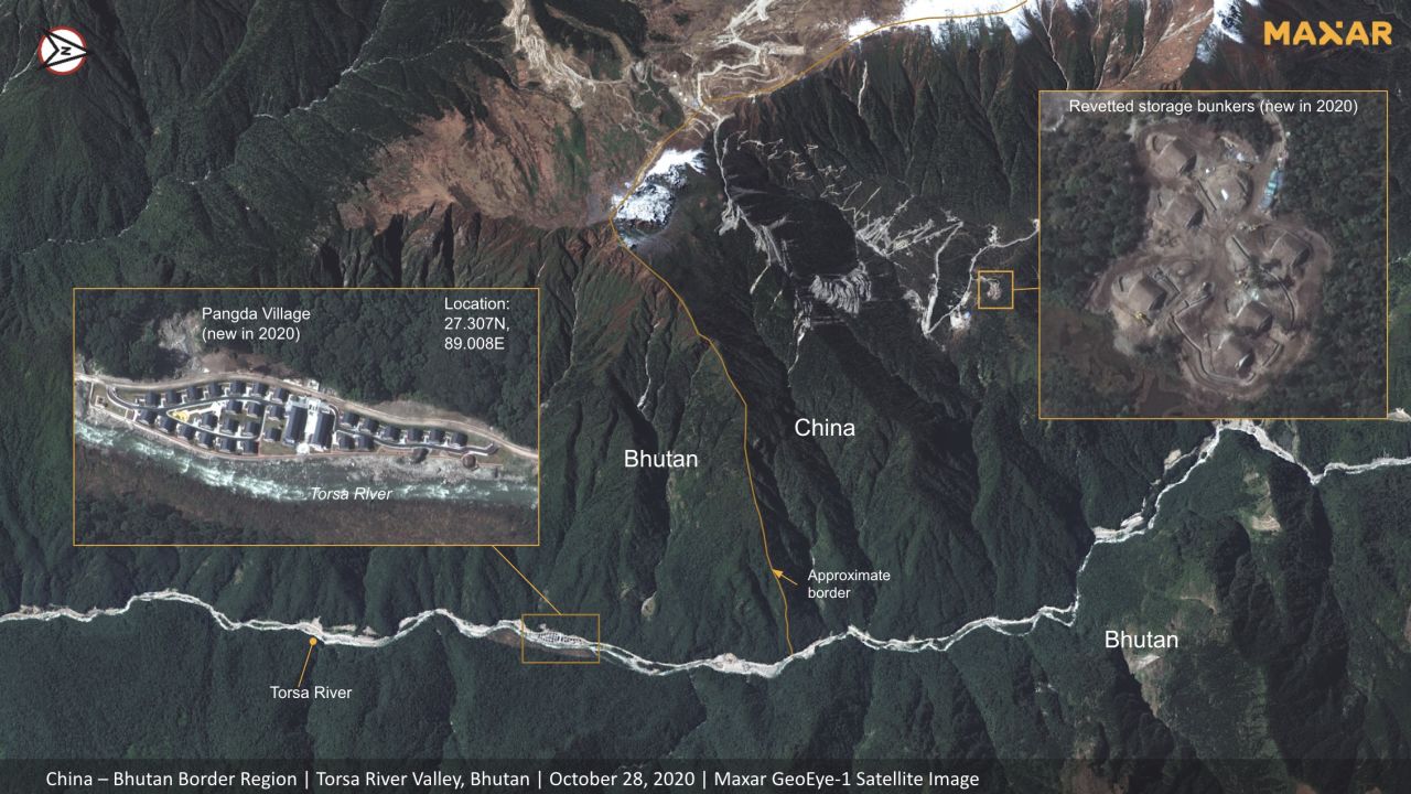 An annotated satellite image of the China-Bhutan border in the disputed region of Doklam which appears to show a newly constructed village and supply depot.