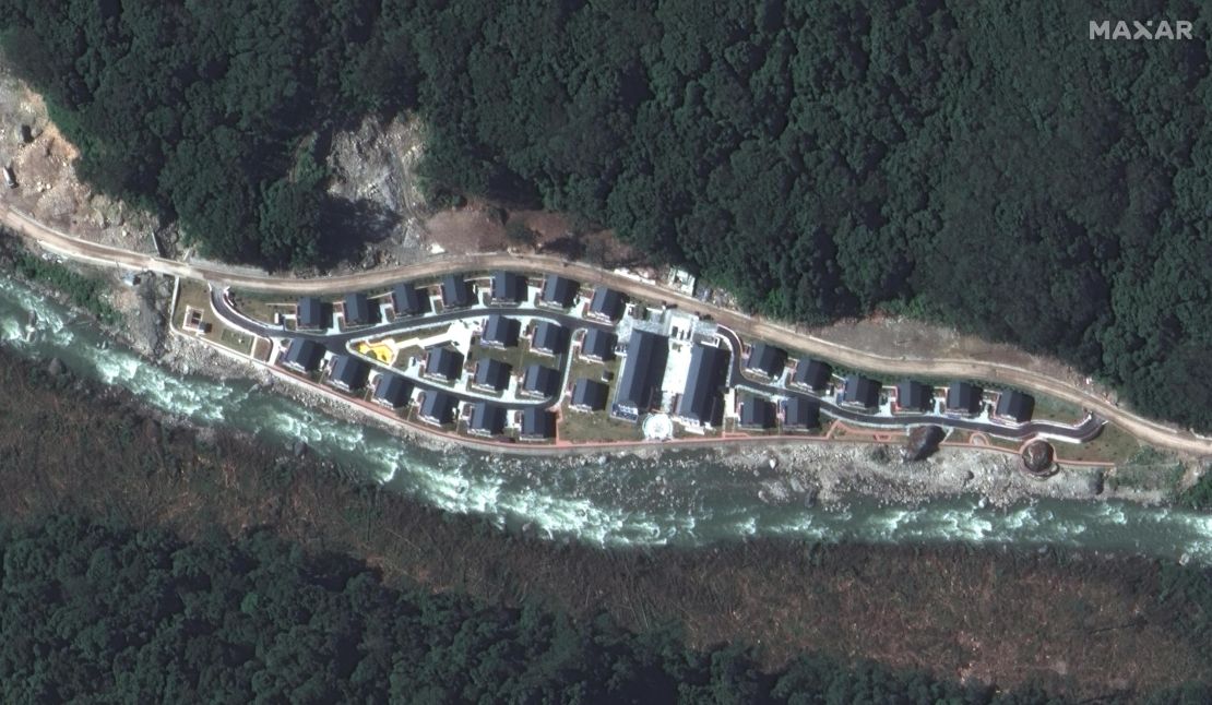 Satellite imagery of the Chinese village of Pangda, provided by Maxar Technologies. The firm claims the village was built on the Bhutanese side of a disputed border with China.