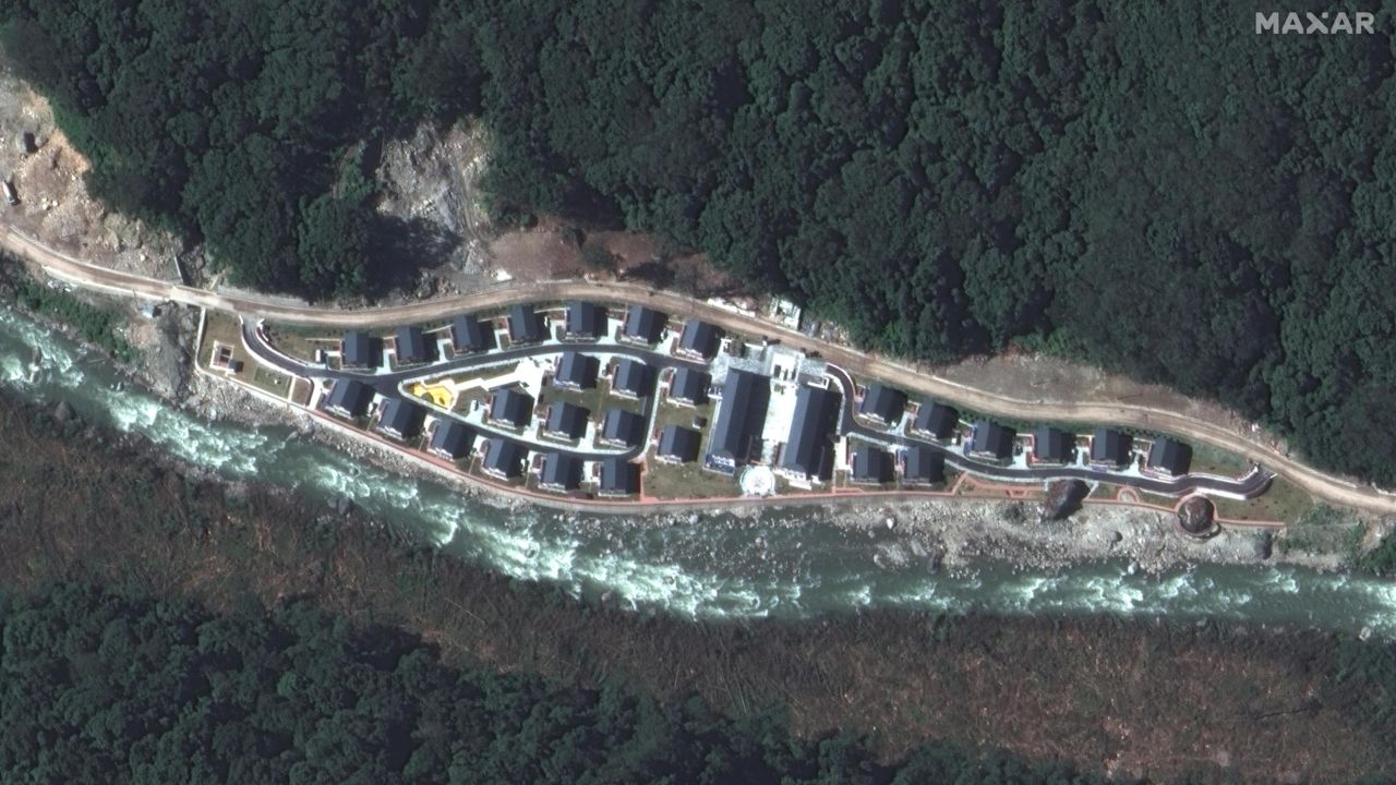 Satellite imagery of the Chinese village of Pangda, provided by Maxar Technologies. The firm claims the village was built on the Bhutanese side of a disputed border with China. 