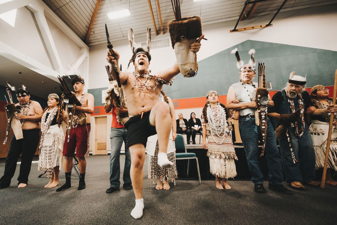 The Wiyot tribe celebrates the return of Duluwat Island in a ceremony in Eureka, California, on October 21, 2019. 