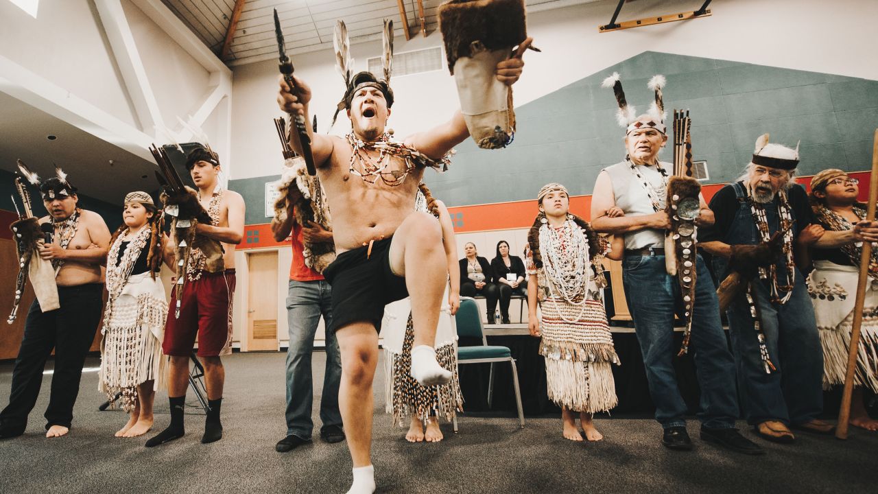 The Wiyot tribe celebrates the return of Duluwat Island in a ceremony in Eureka, California, on October 21, 2019. 