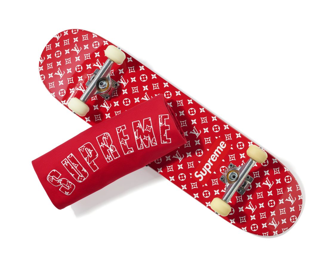 A skateboard collaboration between Supreme and Louis Vuitton.