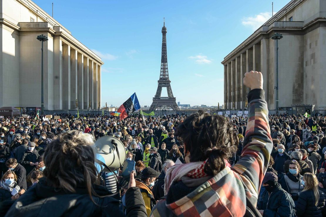 Parisians protest the security bill near the Eiffel Tower on Monday. 