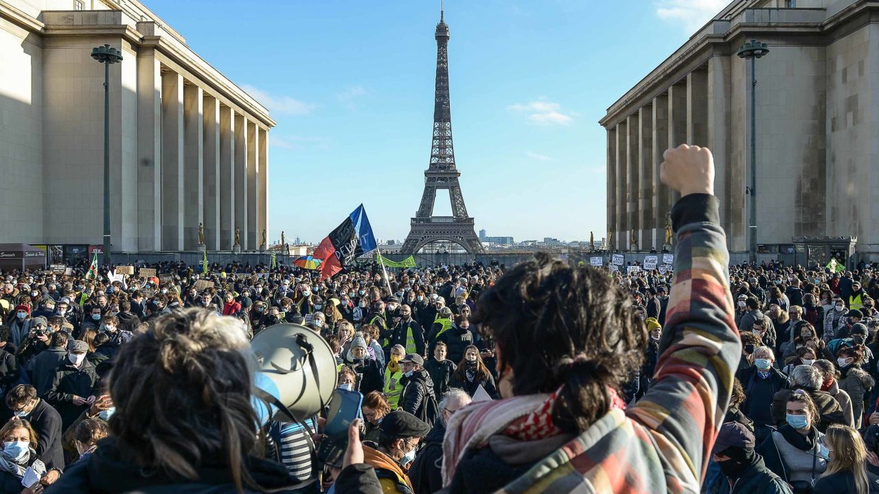 Parisians protest the security bill near the Eiffel Tower on Monday.