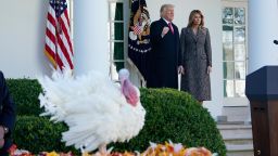 President Donald Trump speaks before pardoning Corn, the national Thanksgiving turkey, in the Rose Garden of the White House, Tuesday, Nov. 24, 2020, in Washington, as first lady Melania Trump watches. (AP Photo/Susan Walsh)