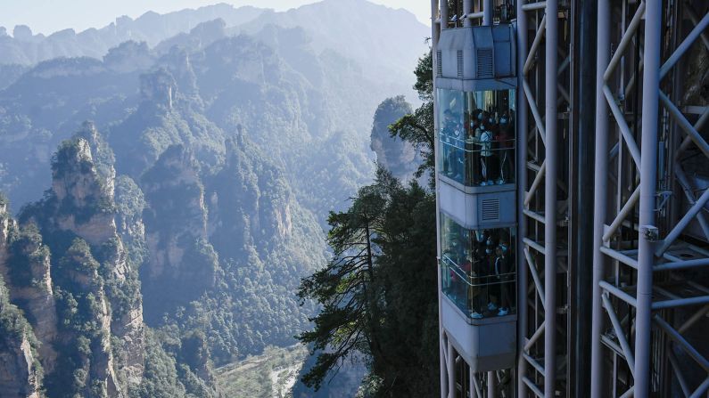 <strong>Tallest outdoor elevator: </strong>The 326-meter-tall glass Bailong Elevator was built onto the side of a cliff in the national park.