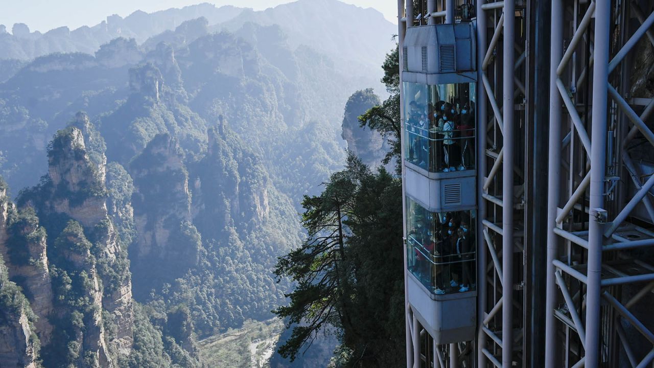 <strong>Tallest outdoor elevator: </strong>The 326-meter-tall glass Bailong Elevator was built onto the side of a cliff in the national park.