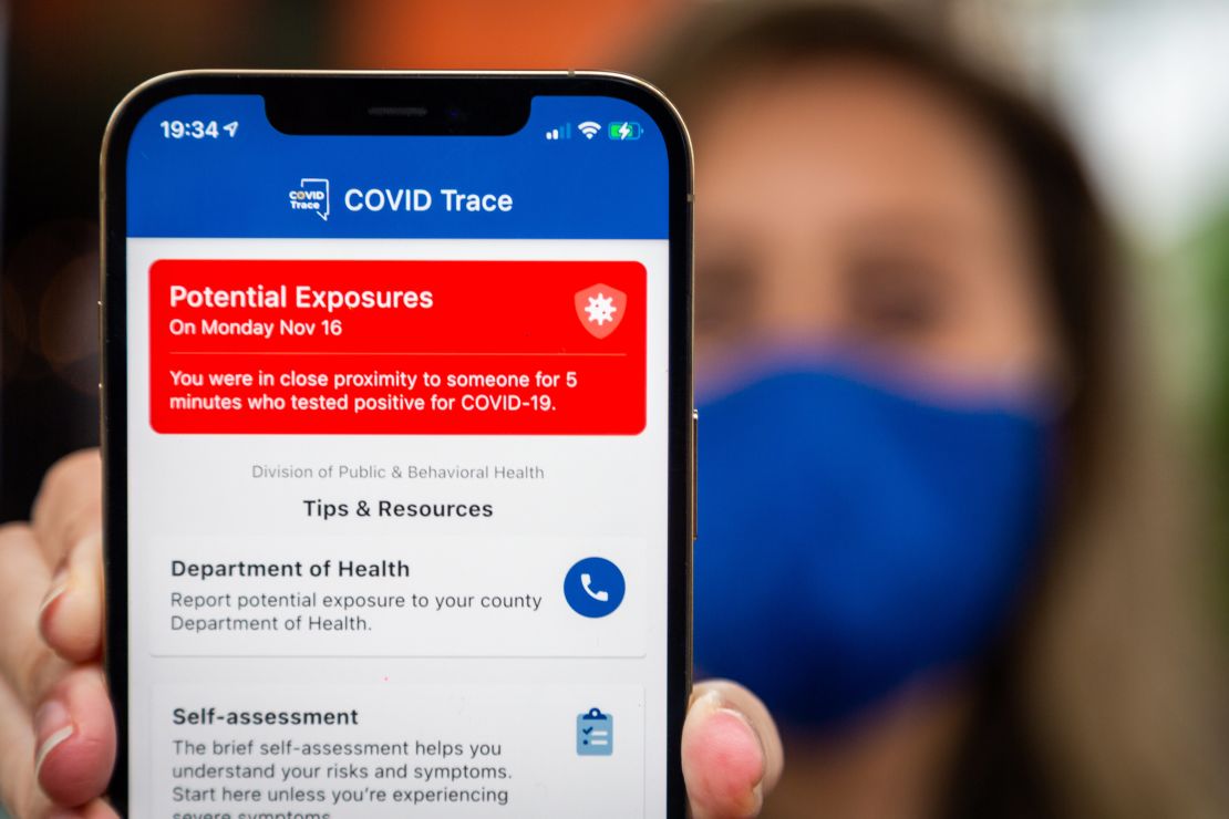 A close-contact alert from the Covid-19 exposure notification app made by the Nevada Department of Health and Human Services. 
