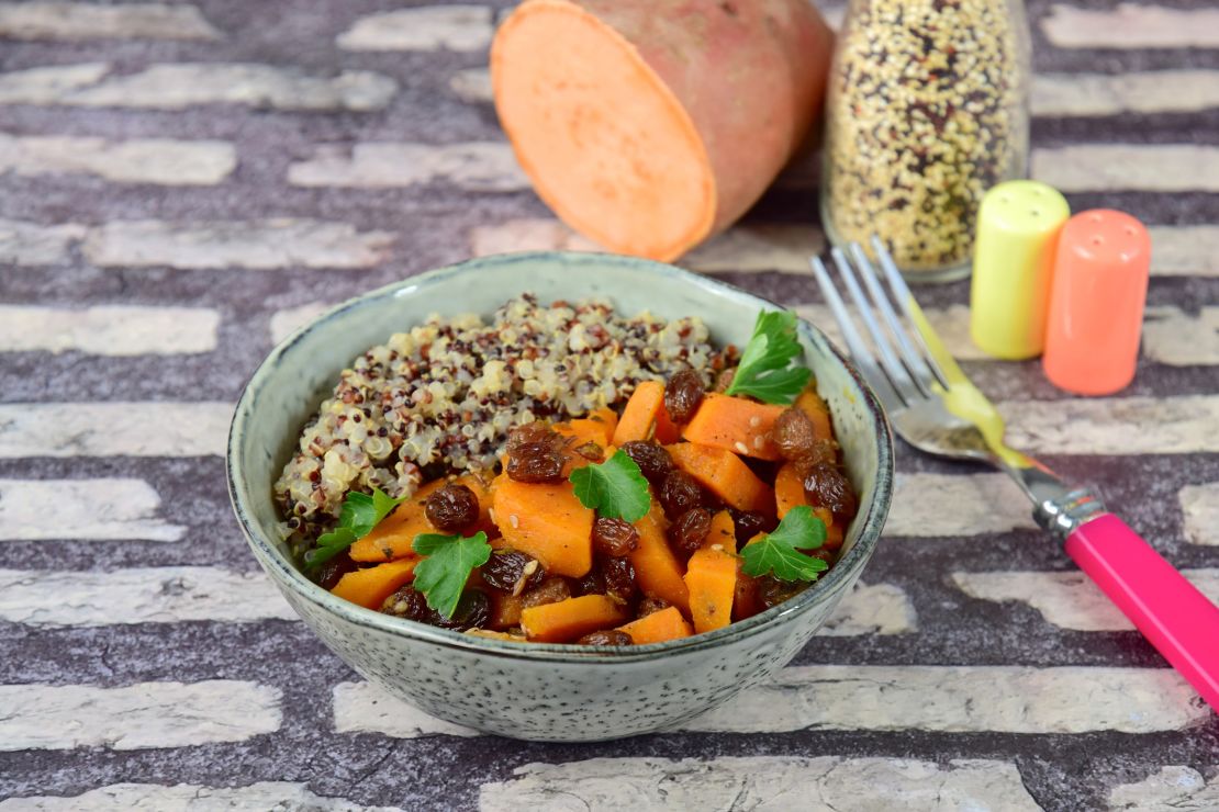 Post-Thanksgiving, use up roasted sweet potatoes and other veggie sides in a grain bowl.
