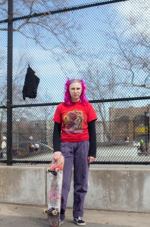 Skateboarder and artist Olivia Homolac, photographed at Cooper Skate Park in Brooklyn, New York.