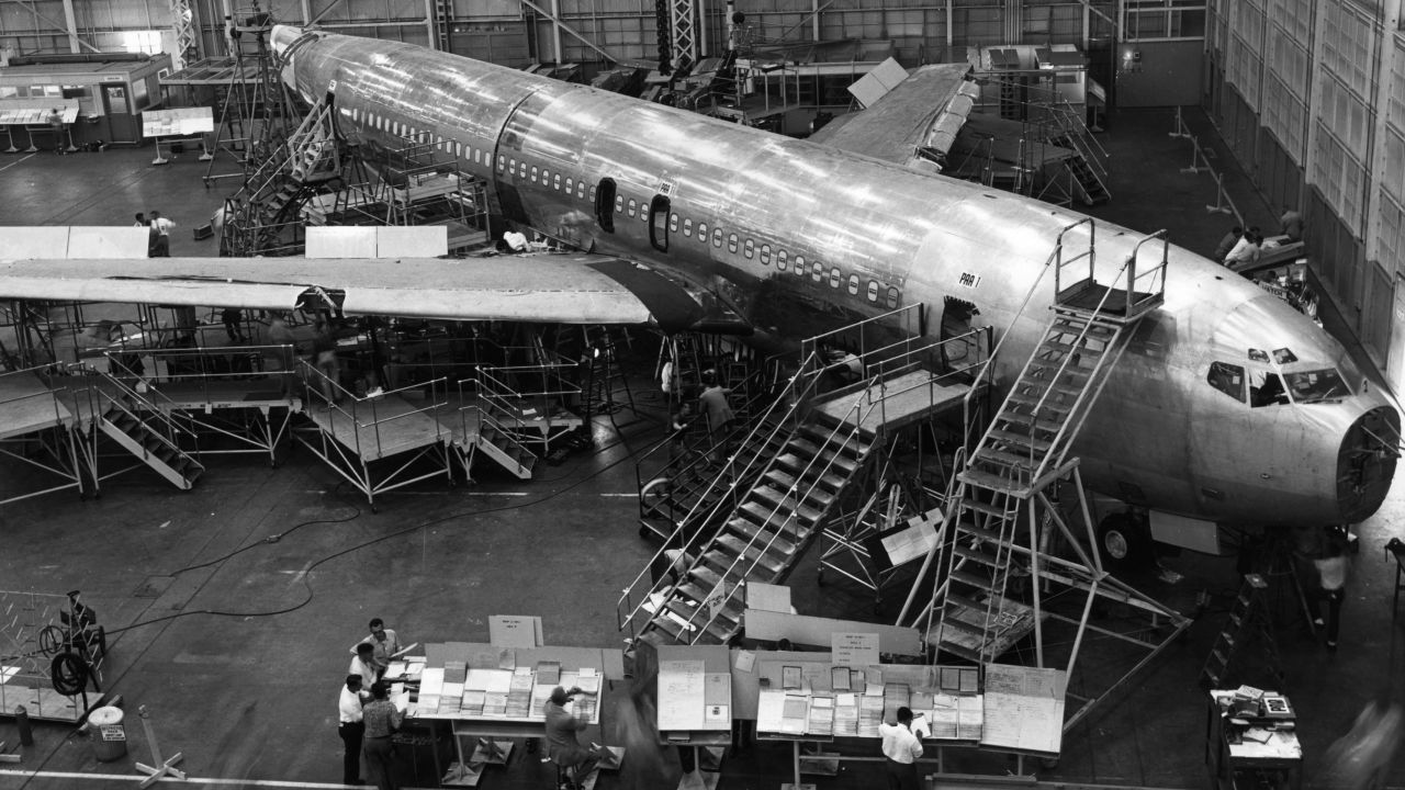 circa 1958:  The Boeing 707 Jet Stratoliner Number One under construction at Boeing's Transport Division in Renton, Washington.  (Photo by Central Press/Getty Images)