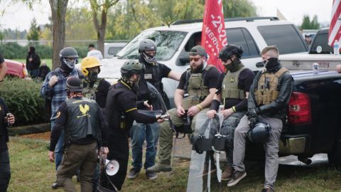 A group of Proud Boys gather at a rally in Delta Park in Portland, Oregon, on September 26, 2020.