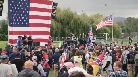 Attendees listen to speakers at a Proud Boys rally in Delta Park in Portland, Oregon, on September 26, 2020. 