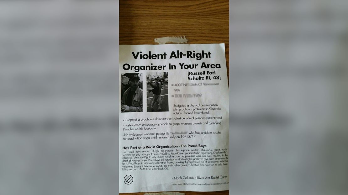 A flyer warning about Russell Schultz and the Proud Boys. CNN has blurred parts of this image to protect an individual's personal information.