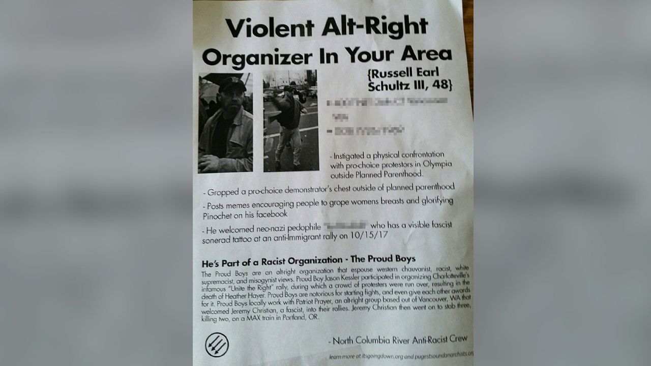 A flyer warning about Russell Schultz and the Proud Boys. CNN has blurred parts of this image to protect an individual's personal information.
