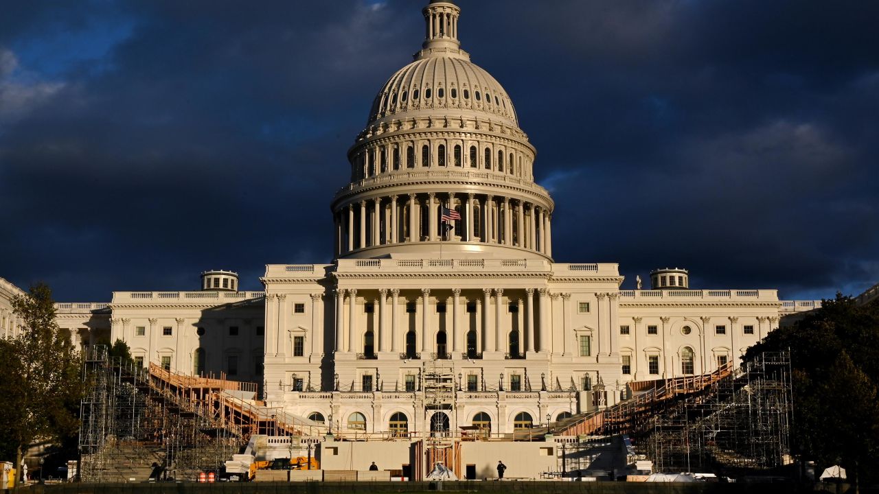 Construction continues on the presidential inaugural platform at the U.S. Capitol as part of the West Front of the lawn is closed to the public November 17, 2020 in Washington, DC.