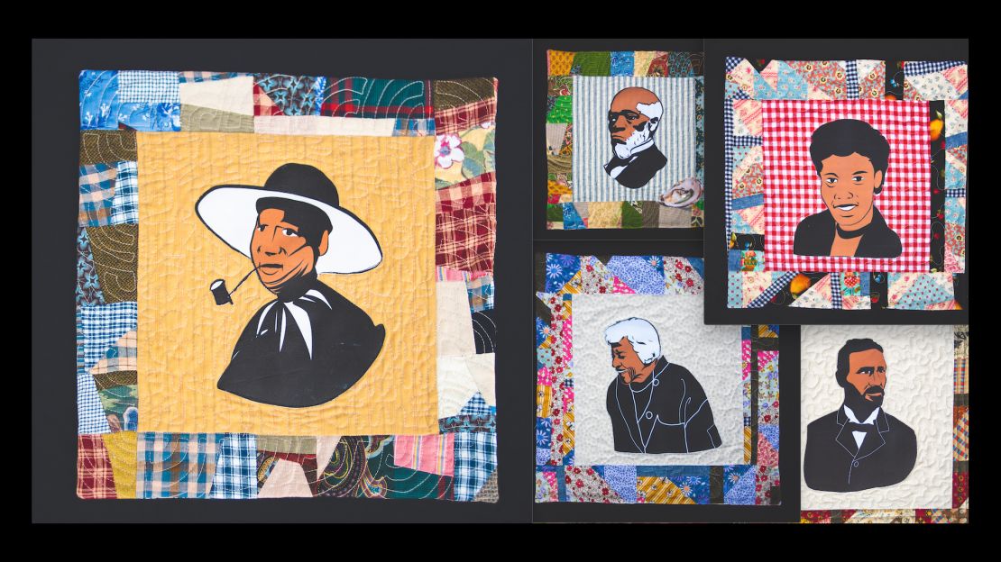 At left is Angolan-born Antonio, "... one of the first Africans to arrive in Jamestown in 1619." These quilt squares are part of The Museum of Food and Drink's exhibition, "African/American: Making the Nation's Table." The exhibition is closed due to Covid, but the Museum is offering programs and talks online.  (Harlem Needle Arts)