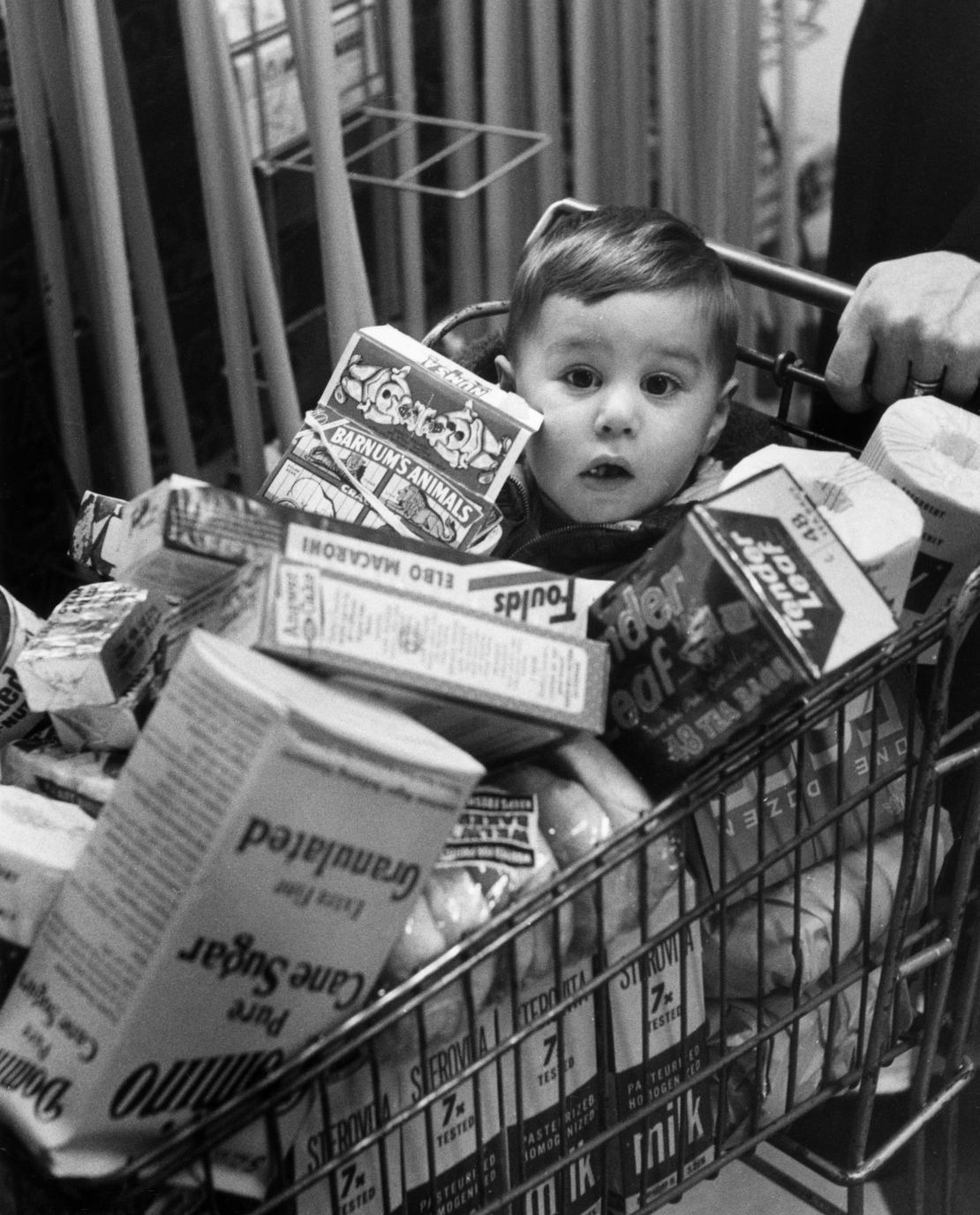 Kid in a grocery cart circa 1950. There were an average of 14,000 stock-keeping units, or products, in US grocery stores in 1980; 51,000 in 2008; and 33,055 in 2018, according to the Food Marketing Institute.