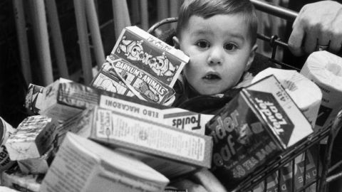 Kid in a grocery cart circa 1950. There were an average of 14,000 stock-keeping units, or products, in US grocery stores in 1980; 51,000 in 2008; and 33,055 in 2018, according to the Food Marketing Institute.