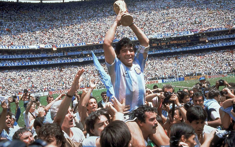 Diego Maradona is carried around the field after leading Argentina to victory in the 1986 World Cup final. Argentina defeated West Germany at the Azteca Stadium in Mexico City.