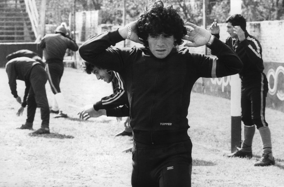 A 16-year-old Maradona warms up in Buenos Aires in 1977. A year earlier, he made his professional debut with the club Argentinos Juniors. A few months after that, he made his international debut with Argentina's national team.