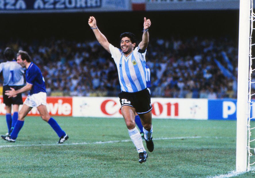 Maradona celebrates a teammate's goal during the 1990 World Cup. Argentina advanced to the final but lost to West Germany.
