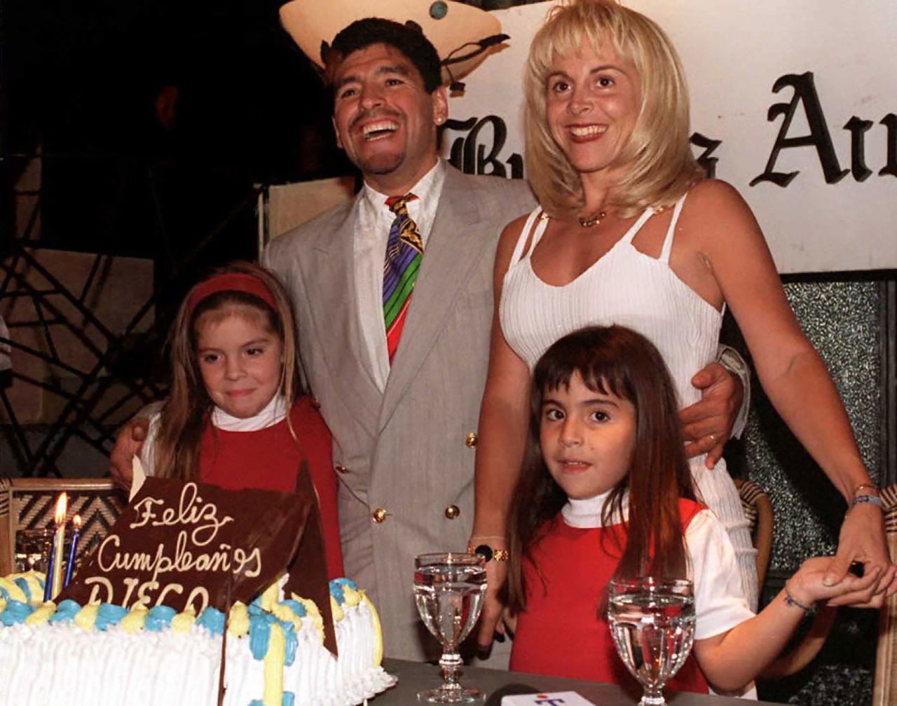 Maradona is joined by his wife, Claudia, and their daughters Giannina, left, and Dalma while celebrating his 35th birthday in 1995.