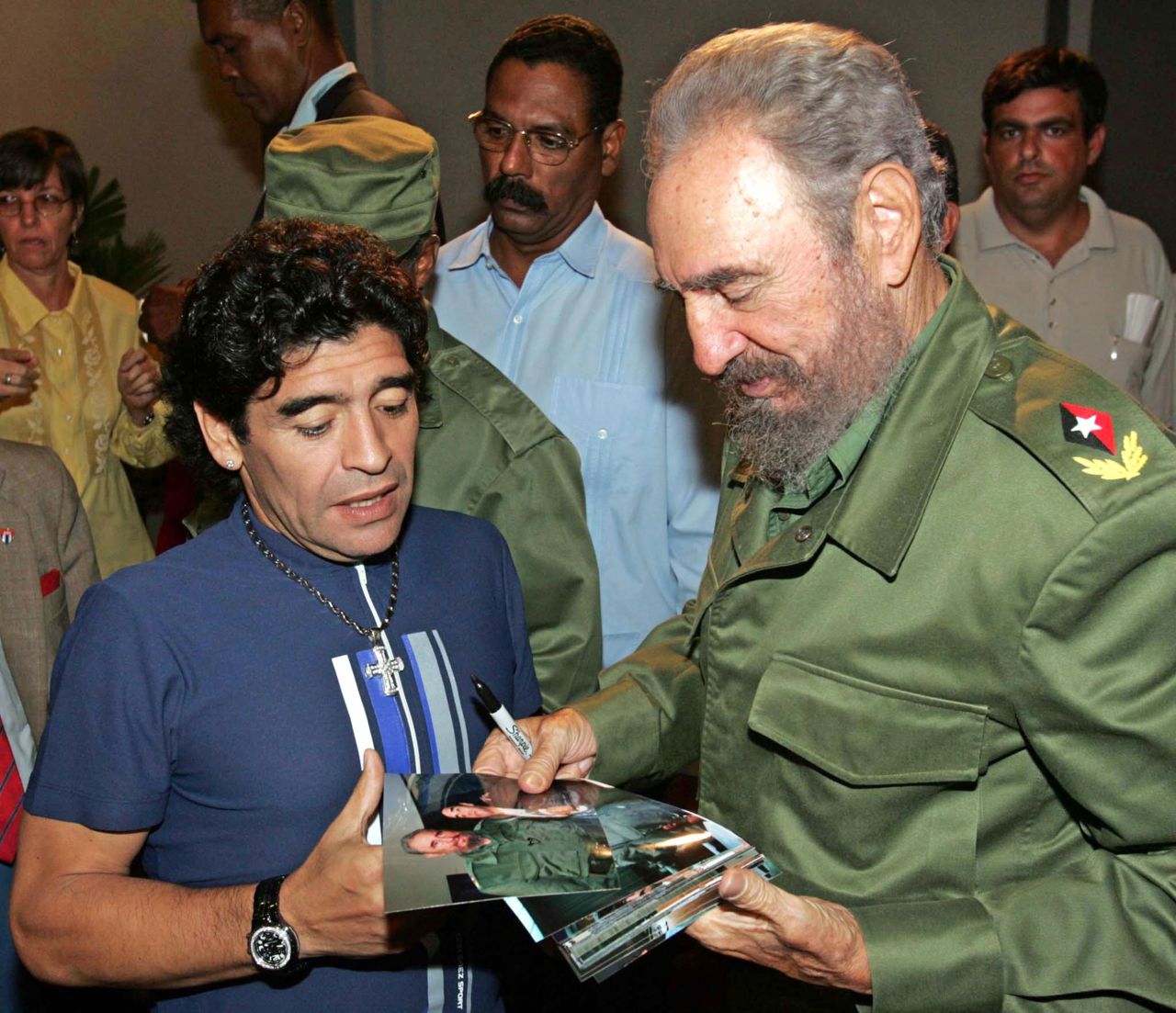 Maradona talks to Cuban President Fidel Castro before recording a TV show in Havana, Cuba, in 2005.