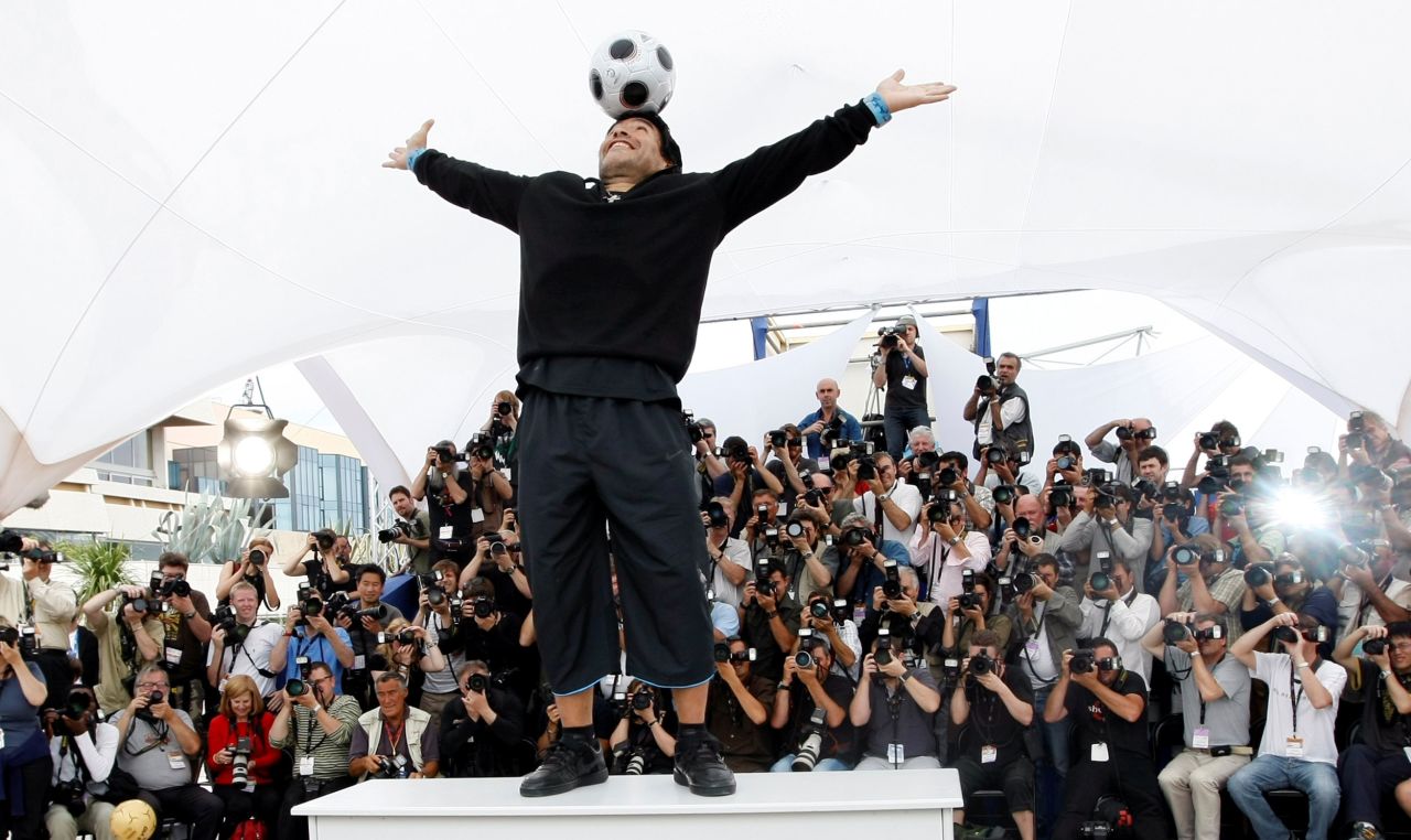 Maradona balances a ball on his head at the Cannes Film Festival in France in 2008. A Maradona documentary was making its premiere at the festival.