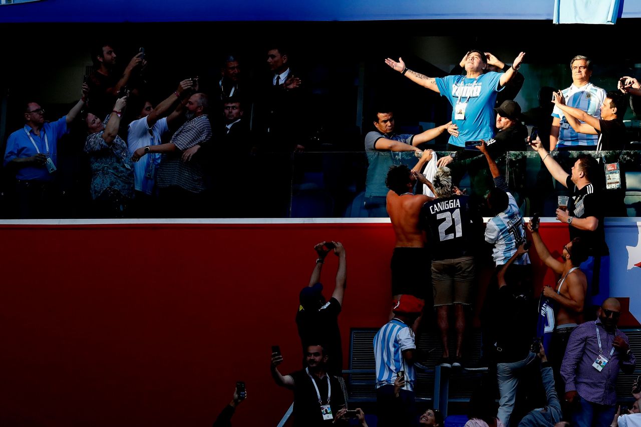 Maradona, attending the 2018 World Cup as a fan, celebrates an Argentina goal in St. Petersburg, Russia.