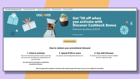 Get as much as $30 off a $150 purchase at Amazon with your Discover credit card.