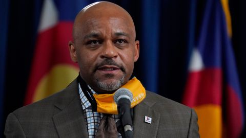 Denver Mayor Michael Hancock makes a point during a news conference about the rapid increase in coronavirus cases in the state Tuesday, Nov. 17, 2020, in Denver. Colorado lawmakers plan to draw up a package of financial aid for residents who have become unemployed because of the coronavirus during a special session set to convene at the end of the month. (AP Photo/David Zalubowski)