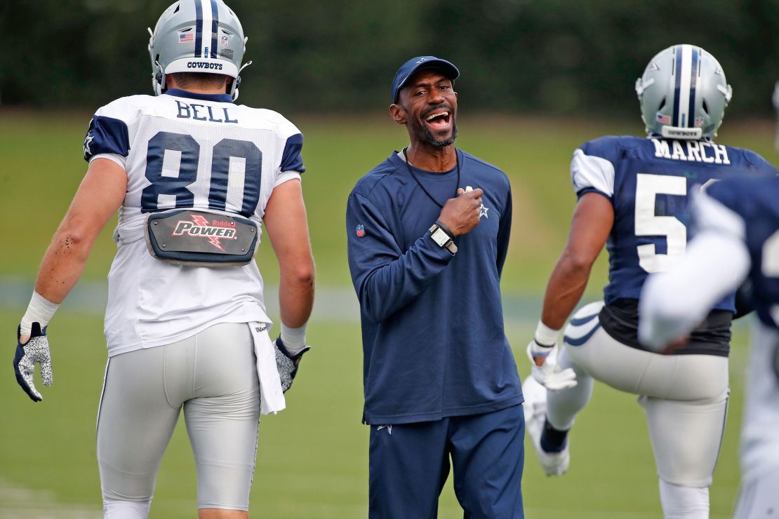 Dallas Cowboys stength and conditioning coach Markus Paul talks during an NFL football training camp Thursday, Sept. 3, 2020 in Frisco, Texas.
