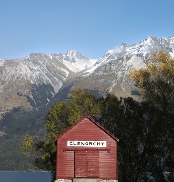 A wooden shed on the northern end of New Zealand's Lake Wakatipu.
