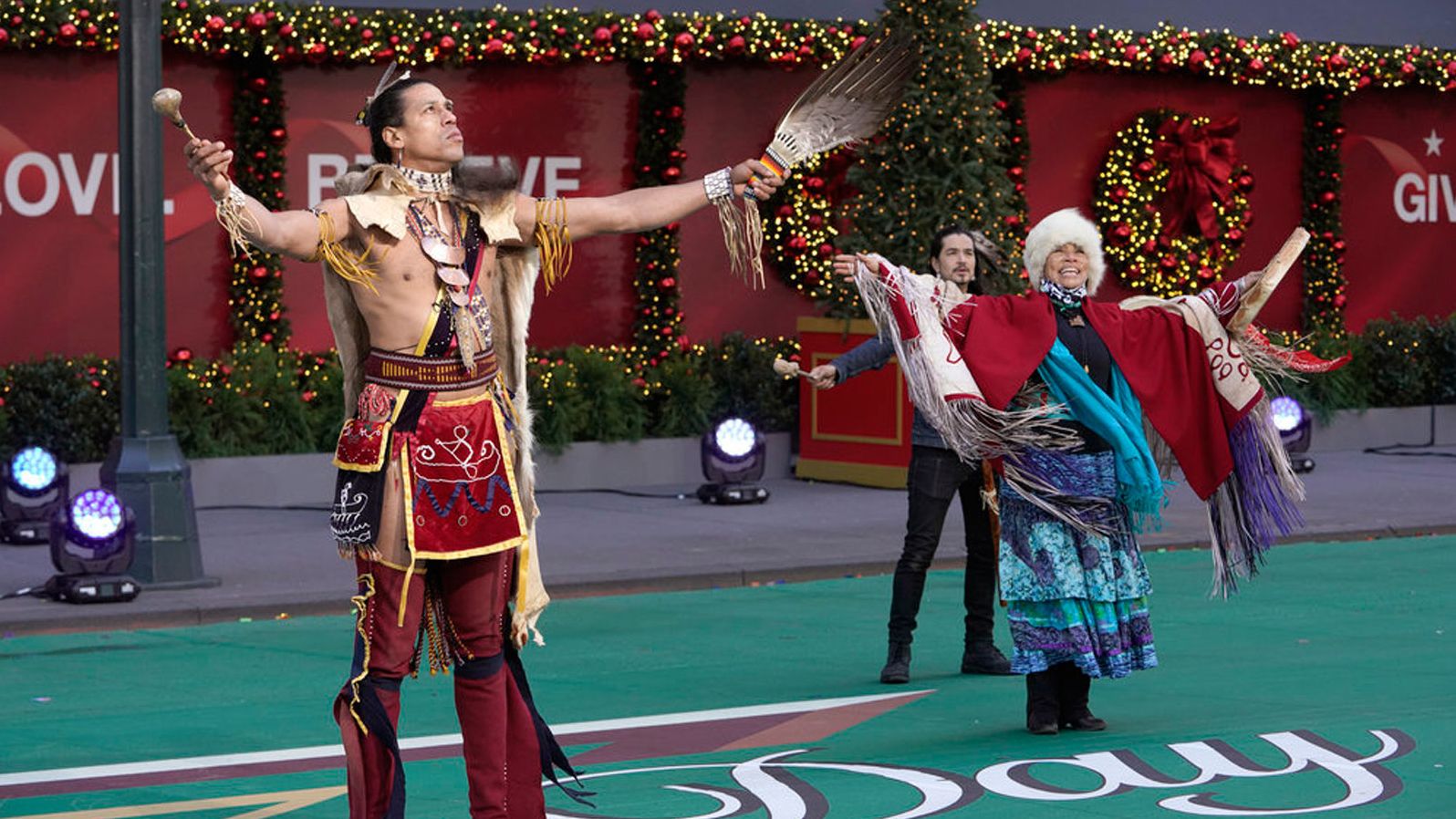 Indigenous ambassadors during the blessing and land acknowledgment at the Macy's Thanksgiving Day Parade.