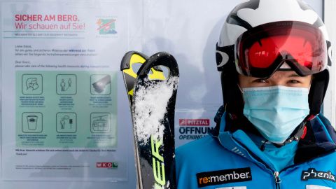New Covid-19 safety instructions on display at the Pitztal Glacier ski resort in Austria.