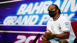 BAHRAIN, BAHRAIN - NOVEMBER 26: Lewis Hamilton of Great Britain and Mercedes GP talks in the Drivers Press Conference during previews ahead of the F1 Grand Prix of Bahrain at Bahrain International Circuit on November 26, 2020 in Bahrain, Bahrain. (Photo by Mario Renzi/Formula 1/Getty Images)