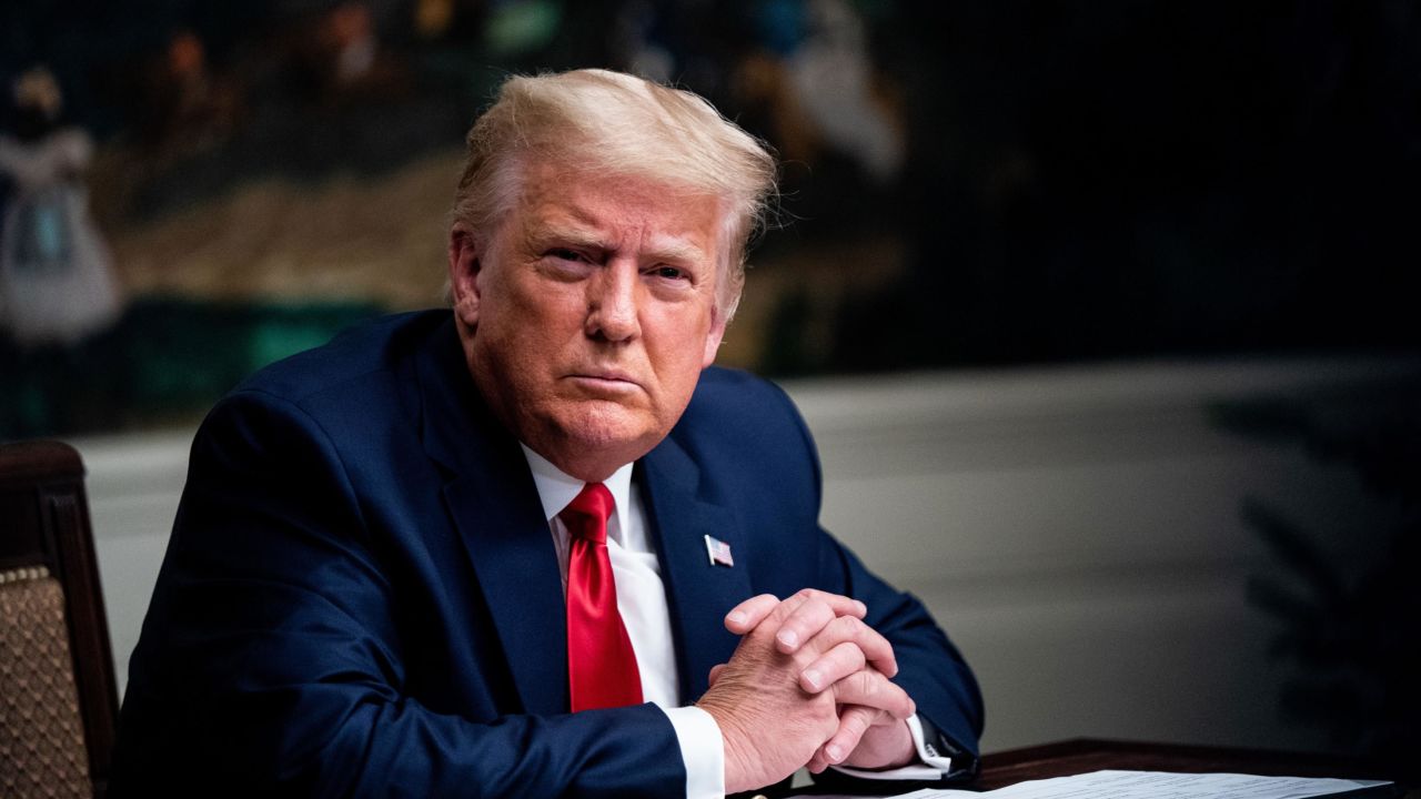 WASHINGTON, DC - NOVEMBER 26: President Donald Trump speaks in the Diplomatic Room of the White House on Thanksgiving on November 26, 2020 in Washington, DC. Trump had earlier made the traditional call to members of the military stationed abroad through video teleconference. (Photo by Erin Schaff - Pool/Getty Images)