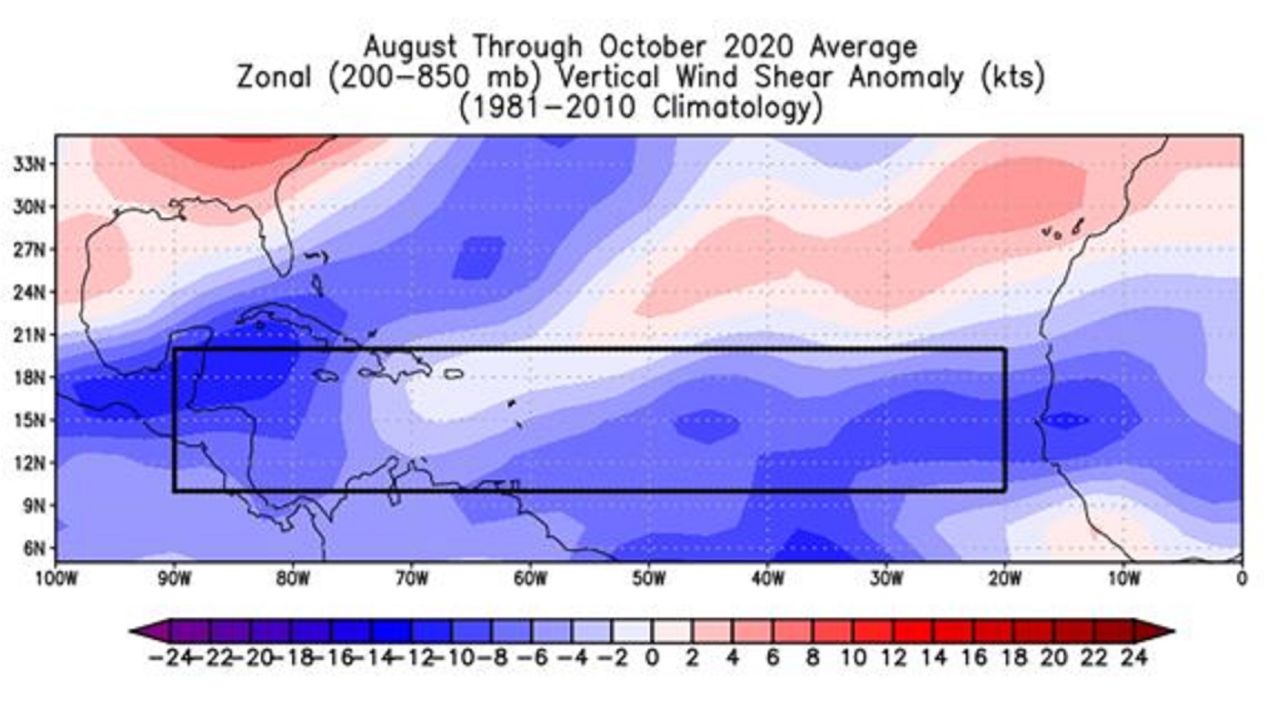 This map shows below average vertical wind shear across the area of the Atlantic Ocean where tropical cyclones often develop.