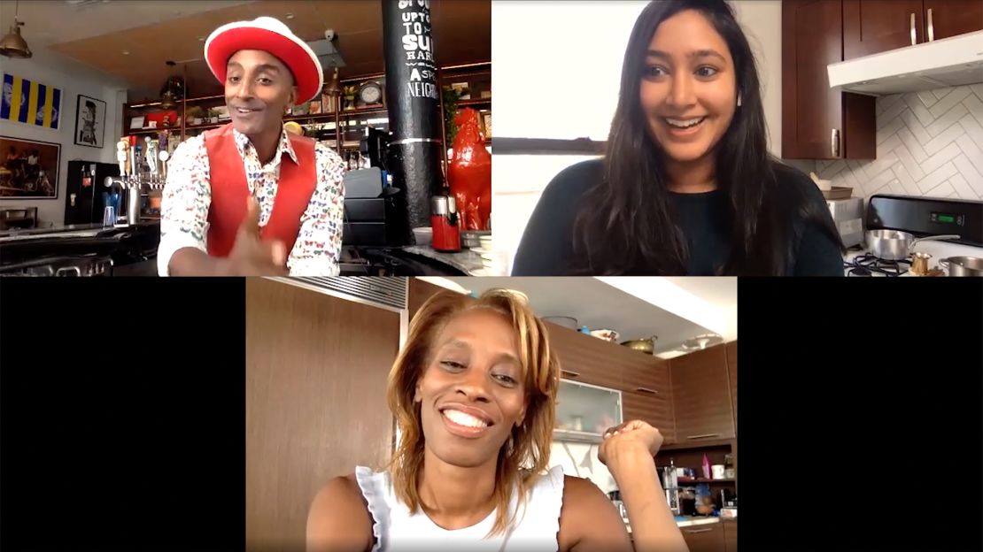 A screenshot from a video where Bon Appétit Editor-in-chief Dawn Davis chats with Bon Appétit Executive Editor Sonia Chopra and chef Marcus Samuelsson, who is also Bon Appétit's global brand advisor.