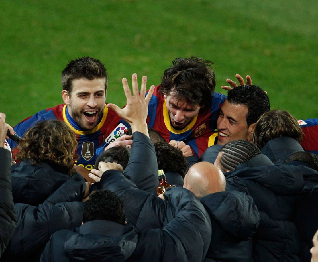 'Una Manita' emerges from Barcelona's celebrations after their fifth goal against Real Madrid on November 29 2010. 